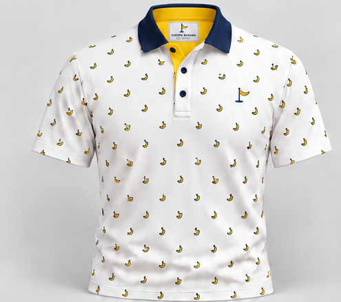 White Micro Banana polo with yellow interior and navy collar